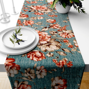 Ervi bavlněný běhoun na stůl -  květy na tyrkysovém