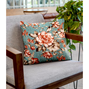 Ervi povlak na polštář bavlněný květy na tyrkysovém