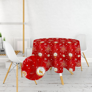 Ervi bavlněný ubrus na stůl kulatý/oválný - Vánoční vzor- červený