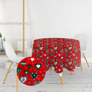 Ervi bavlněný ubrus na stůl kulatý/oválný - Vánoční - srdíčka na červeném