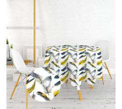 Ervi bavlněný ubrus na stůl kulatý/oválný - žluté a šedé peří