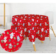 Ervi bavlněný ubrus na stůl kulatý/oválný - Velikonoční zajíčci-červený