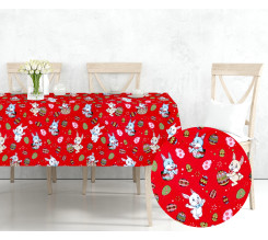 Ervi bavlněný ubrus na stůl obdélníkový/čtvercový - Velikonoční zajíčci-červený