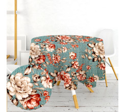 Ervi bavlněný ubrus na stůl kulatý -  květy na tyrkysovém