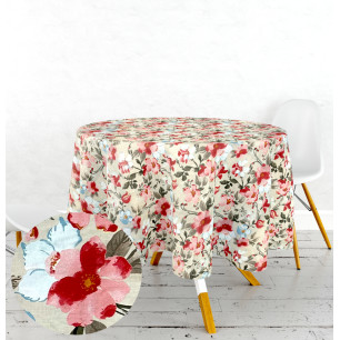 Ervi bavlněný ubrus na stůl kulatý- květiny na béžovém