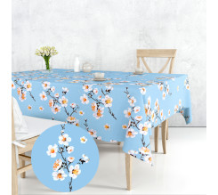 Ervi bavlněný ubrus na stůl obdélníkový/čtvercový - květ jabloně na modrém