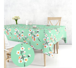 Ervi bavlněný ubrus na stůl obdélníkový/čtvercový -  květ jabloně na zeleném