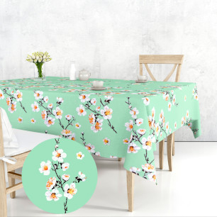 Ervi bavlněný ubrus na stůl obdélníkový/čtvercový -  květ jabloně na zeleném