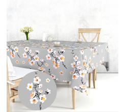 Ervi bavlněný ubrus na stůl obdélníkový/čtvercový - květ jabloně na šedém